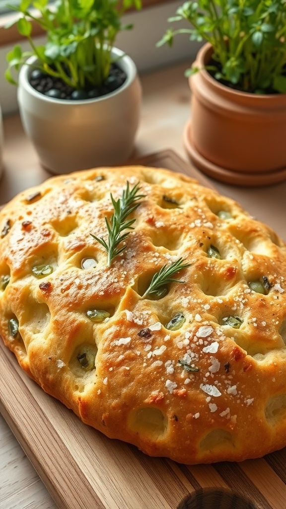 Golden brown focaccia bread topped with herbs and sea salt on a wooden board, with a rustic kitchen background.